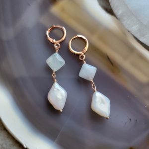 Aquamarine & Freshwater Pearl Rose Gold Dangles