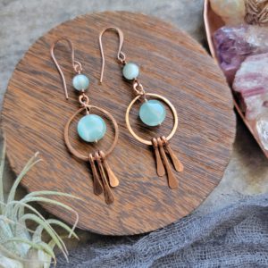 "Sputnik Dangles" Green Moonstone in Copper Hoop w/Fringe