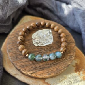 Moss Agate & Wenge wood Stretch Bracelet - 7"