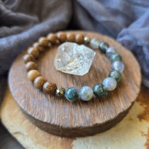 Moss Agate & Wenge Wood Stretch Bracelet - 7"