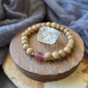 Strawberry Quartz & Sandalwood Stretch Bracelet - 7"