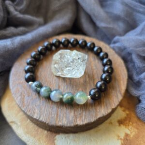 Moss Agate & Ebony Stretch Bracelet - 7"
